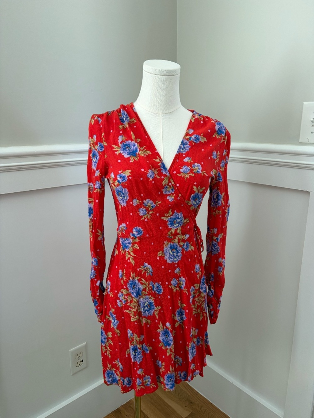 Zara Red Floral Wrap Dress Long Sleeve Mmidi- Size M